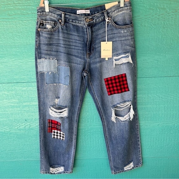 KANCAN HIGH RISE BOYFRIEND STRAIGHT SLOUCHY PATCH JEANS SIZE 14 NWT - Picture 8 of 8